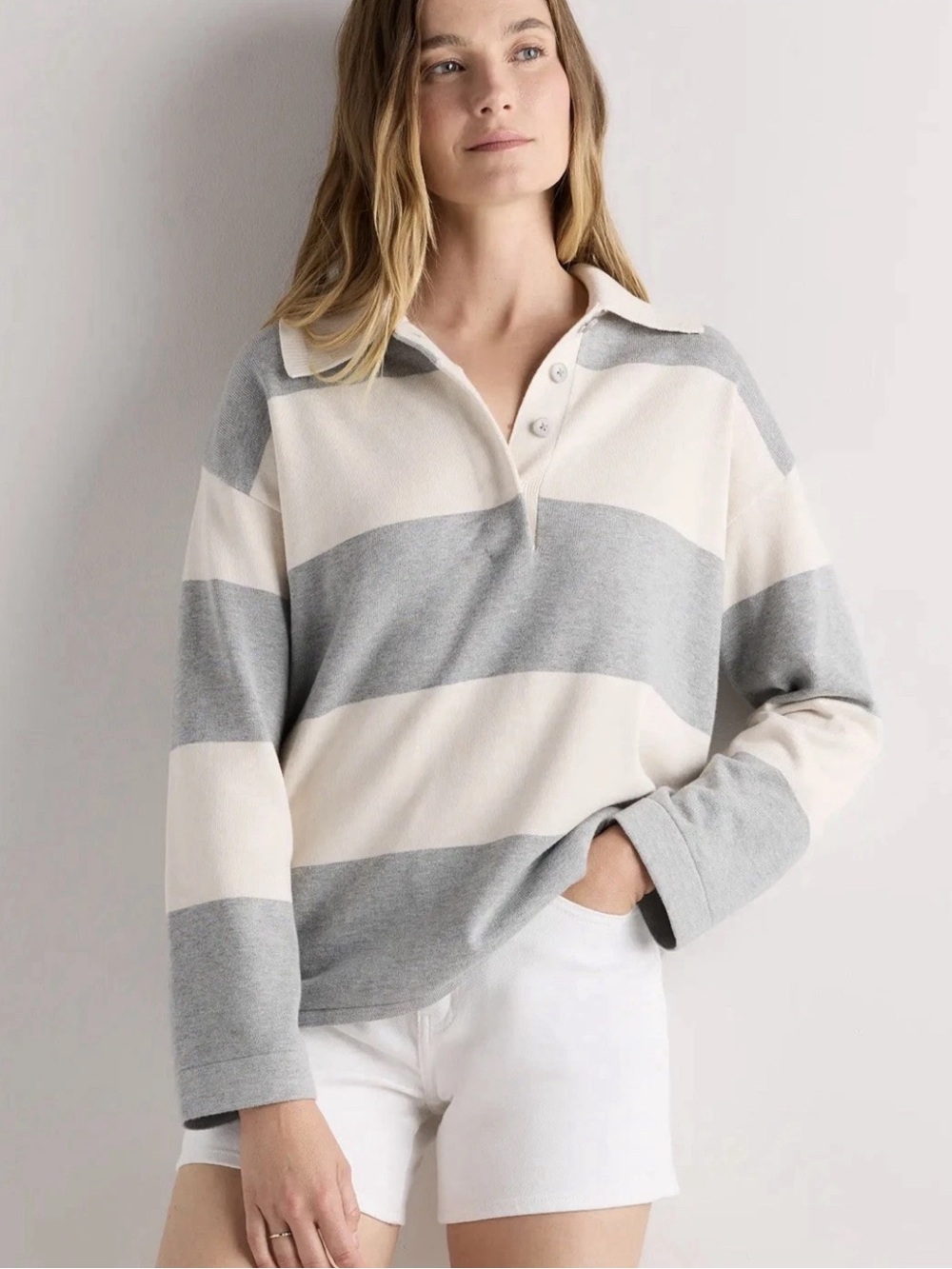 Classic Striped Rugby Polo Top - Grey & Cream